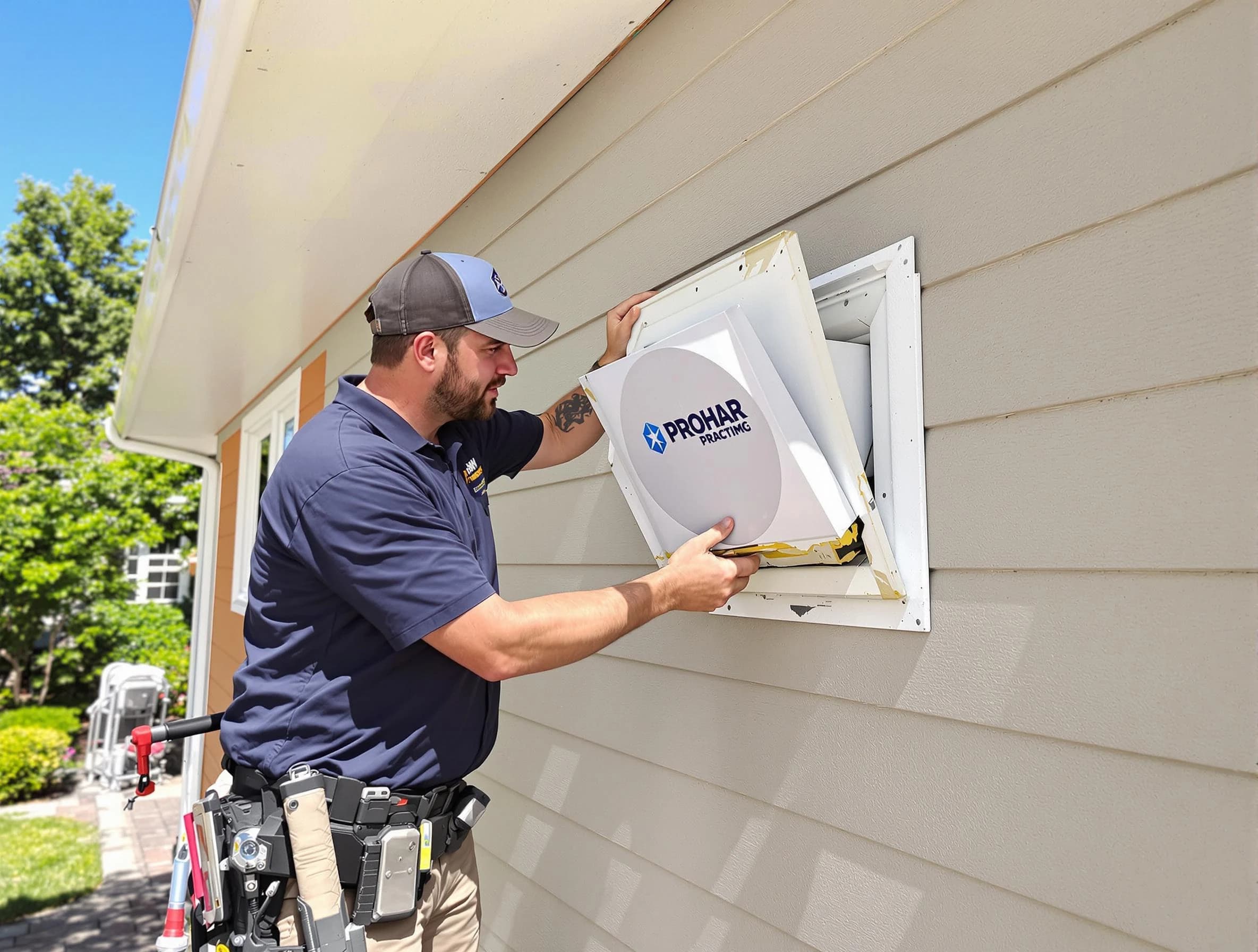 Wyndham Dryer Vent Cleaning technician installing a new protective dryer vent cover on a home in Wyndham