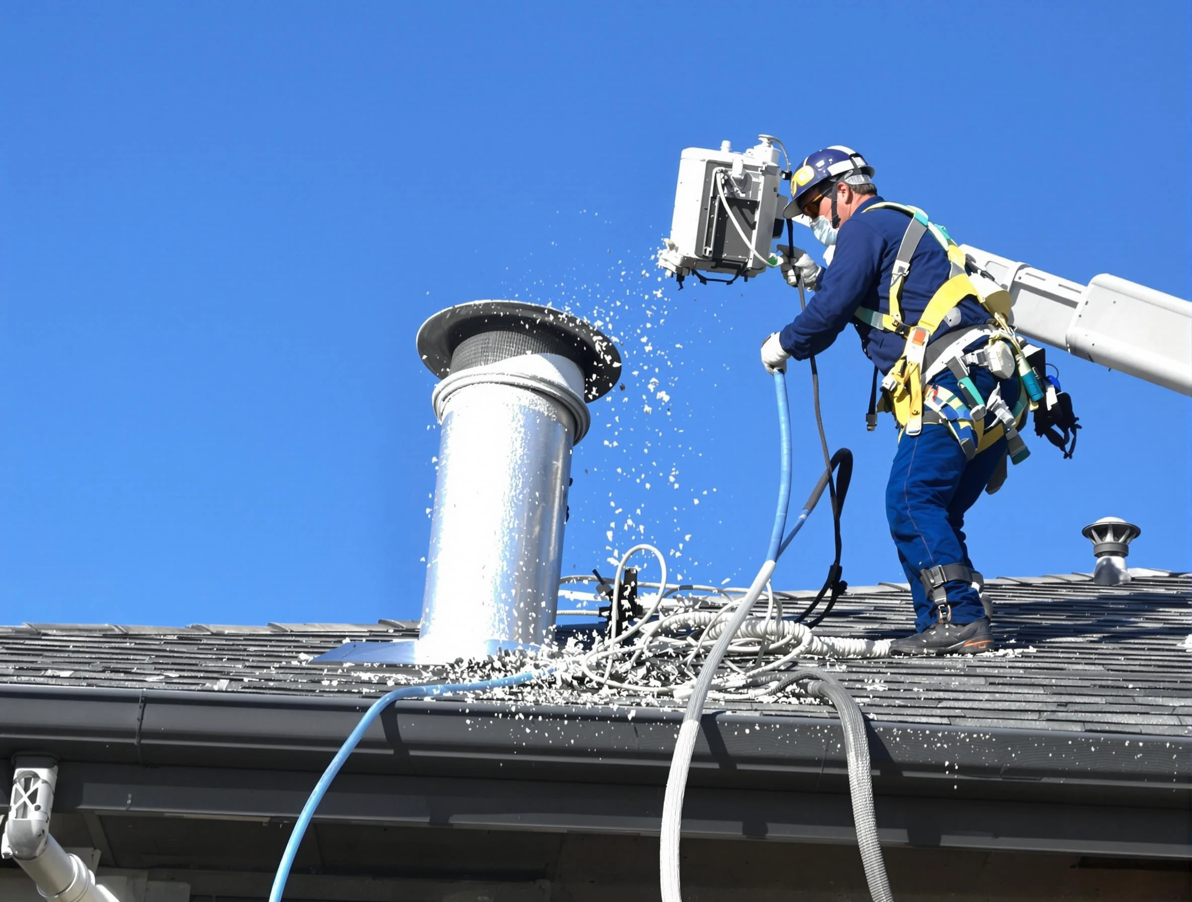 Wyndham Dryer Vent Cleaning certified technician safely cleaning a roof-mounted dryer vent in Wyndham